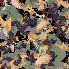 Forest camouflage of various shades of green, brown and violet colors