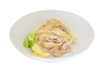 Steam chicken rice, Sliced hainan-style chickenÂ with marinated rice. Hainan-style steam chicken rice isolated on white background. This image stacked with clipping path for advertising ideas concept.