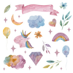 Collection of cute elements in pastel colors for design. Unicorn, rainbow, clouds, balloons, crystal, stars, twigs, flowers. Celebrating theme, birthday, for girls.