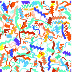 Hipster fashion .Trendy seamless pattern in Memphis style and with different shapes i. Jumble design . Repeating zigzag smooth lines vector background . Cool geometric texture .