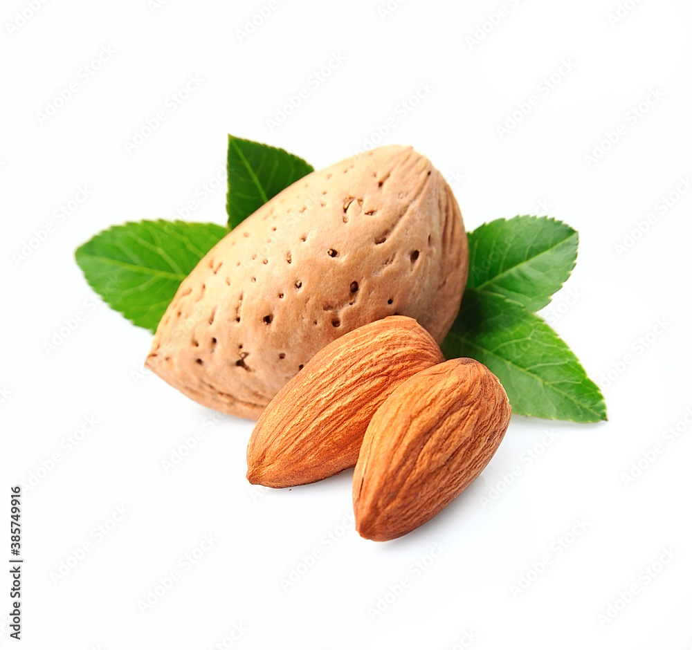 Poster Almonds nuts with leaves