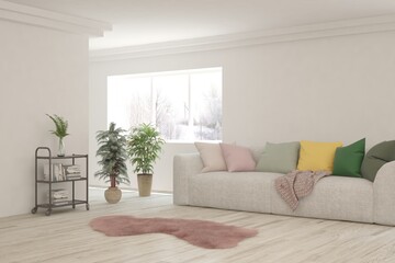 White living room with sofa. Scandinavian interior design. 3D illustration