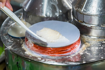 Selective focus of Thai steamed rice-skin dumplings or khao kriap pak maw is tow popular and unique Thai street food snacks.