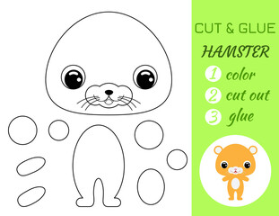 Coloring book cut and glue baby hamster. Educational paper game for preschool children. Cut and Paste Worksheet. Color, cut parts and glue on paper.Cartoon character. Vector stock illustration.