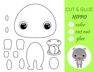 Coloring book cut and glue baby hippo. Educational paper game for preschool children. Cut and Paste Worksheet. Color, cut parts and glue on paper.Cartoon character. Vector stock illustration.