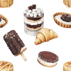 food sketch delicious beautiful desserts and pastries pattern with tart cookies ice cream cheesecake croissant and dessert in a cup marker drawing 1