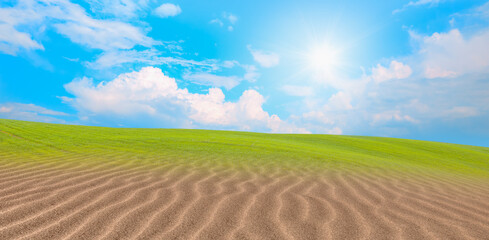 Global warming concept - Green grass field with desert of sand dune 