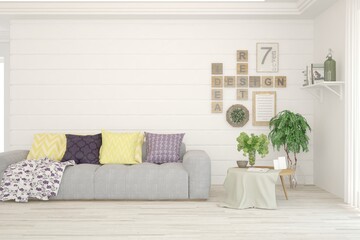 White living room with sofa. Scandinavian interior design. 3D illustration