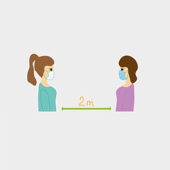 The concept of social distancing. Two women in medical masks keep a distance of 2 meters. Prevention of coronavirus infection. Be safe.