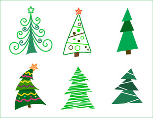 Obraz premium Set Different abstract green Christmas trees with tinsel and without. Collection of Christmas trees, modern flat design. vector illustration.