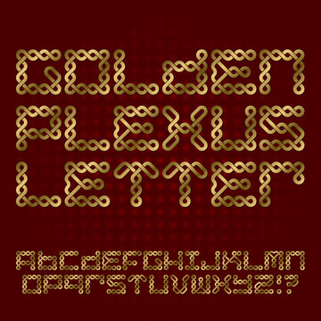 Gold font of twisted strips. Isolated english alphabet with text Golden Plexus Letter.