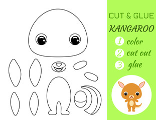 Coloring book cut and glue baby kangaroo. Educational paper game for preschool children. Cut and Paste Worksheet. Color, cut parts and glue on paper.Cartoon character. Vector stock illustration.