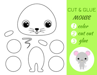 Coloring book cut and glue baby mouse. Educational paper game for preschool children. Cut and Paste Worksheet. Color, cut parts and glue on paper.Cartoon character. Vector stock illustration.
