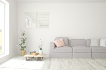 White living room with sofa. Scandinavian interior design. 3D illustration