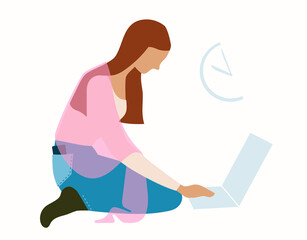 Fototapeta na wymiar Young woman working late hours on laptop. Modern flat vector illustration.