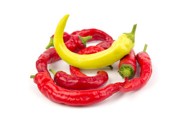 Red and yellow hot chili pepper isolated on white background. Close-up
