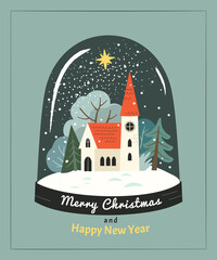 Christmas greeting card. Vector illustration in contemporary flat style of glass snow globe with winter landscape and church inside. Isolated on background