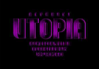 Purple technical font, digital alphabet, letters (A, B, C, D, E, F, G, H, I, J, K, L, M, N, O, P, Q, R, S, T, U, V, W, X, Y, Z) and numbers (0, 1, 2, 3, 4, 5, 6, 7, 8, 9), vector illustration 10EPS