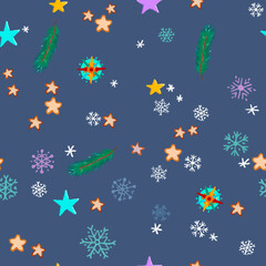 seamless pattern with christmas stars, snowflakes, fir twigs