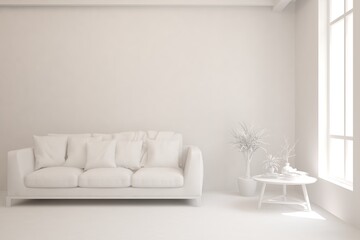 White minimalist living room with sofa. Scandinavian interior design. 3D illustration