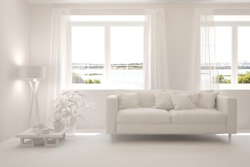 White minimalist living room with sofa. Scandinavian interior design. 3D illustration