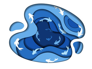 Ocean, Sea, Lake, River, Water Reservoirs Concept. Blue Water Cycle With Fishes Or Dolphins Swimming Inside. Minimalistic Layered Paper Cut Design, Creative Abstract Vector Illustration In Flat Style