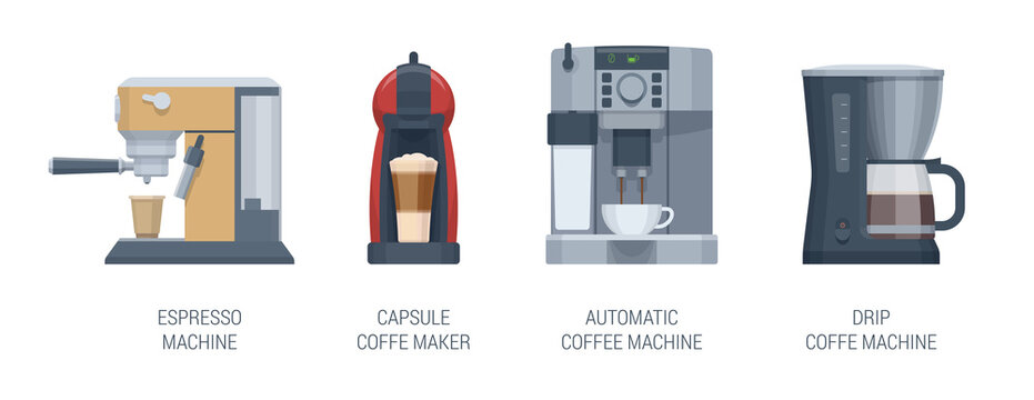Flat coffee makers set. Automastic coffe machine, espresso machine, capsule coffe maker, drip coffee machine. Vector illustration