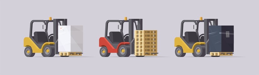 Vector forklift set. 3d forklifts with cargo & pallets on light background © Paul Kovaloff