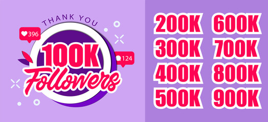 Thanks To Followers, Social Influencer Marketing, Followers Growth Concept. Followers Growth Banner, Attracting Followers Strategy From 100K To 900K. Flat Vector Illustration On Violet Background