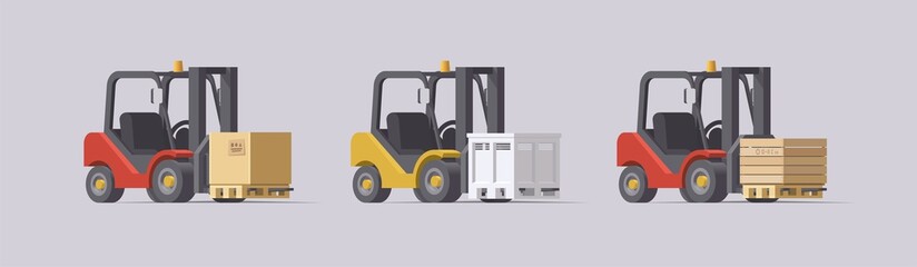 Vector forklift set. 3d forklifts with cargo on light background