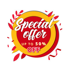 Super Sale, Special Offer Up To 50 Off, Awesome Price, Best Seller, Quality Product Concept. Red And Yellow Round Logo With Inscription Isolated On White Background. Flat Style Vector Illustration