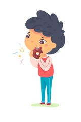 Boy eating doughnut, sense of taste. Body senses vector illustration. Small happy child eats sweet baked food isolated on white background. Joyful education at childhood