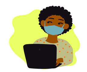 A girl in a medical mask works at home. Cartoon. Vector illustration.