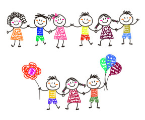 Various kids and balloons on a white background. Children's drawing. Vector illustration.
