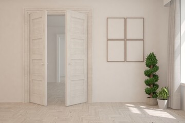 White empty room. Scandinavian interior design. 3D illustration