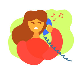 Displeased girl and a telephone receiver. Cartoon.