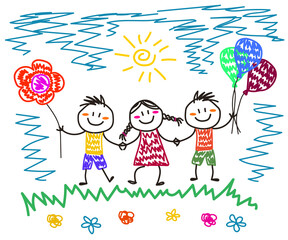 Various kids and balloons on a white background. Children's drawing. Vector illustration.