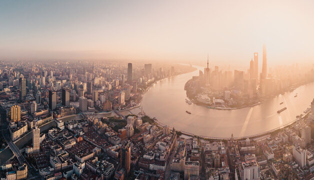 aerial view sunrise over the Shanghai city