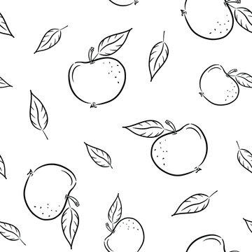 Beautiful seamless black and white pattern of apples and leaves of different sizes. Vector hand drawn fruit pattern for your design. Background from abstract apples.