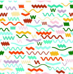 Hipster fashion .Trendy seamless pattern in Memphis style and with different shapes i. Jumble design . Repeating zigzag smooth lines vector background . Cool geometric texture .