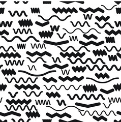 Hipster fashion .Trendy seamless pattern in Memphis style and with different shapes i. Jumble design . Repeating zigzag smooth lines vector background . Cool geometric texture .