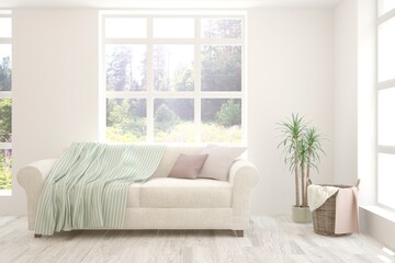 White living room with sofa and summer landscape in window. Scandinavian interior design. 3D illustration
