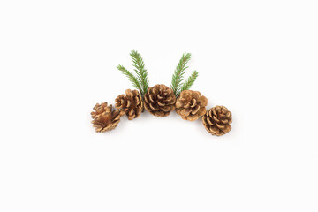 Fir cones and green spruce branches flat lay isolated on white, copy space. Creative christmas,...