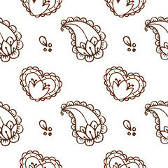 Ethnic mehendi mendi paisley and heart pattern on white background, Valentine day