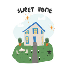 Fototapeta premium Sweet home cute lettering and dream house with neat lawn, stylish furniture, plants in pots, barbecue grill nearby.