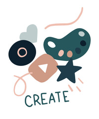 Quarantine activities letterings and other elements. Create. Things to do at home. Vector illustration.