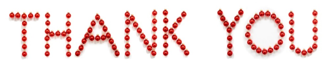 Red Christmas Ball Ornament Building English Word Thank You. Festive Christmas Decoration. White Isolated Background