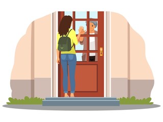 Social distance greeting with grandmother. Avoid virus spreading, corona virus prevention vector illustration. Senior woman isolation at home, girl waving through glass door