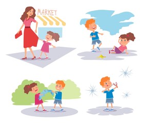 Bad kids arguing and crying set. Little boy laughing at girl falling, kids pulling toy, girl crying, naughty troublemaker hitting windows. Manners and bad behavior vector illustration