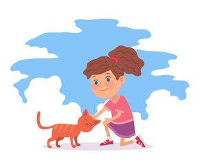 Cute girl petting cat outdoors. Child takes care of pet, spending time with domestic animal in city park. Good kid behavior scene. Vector character illustration of friendship communication.